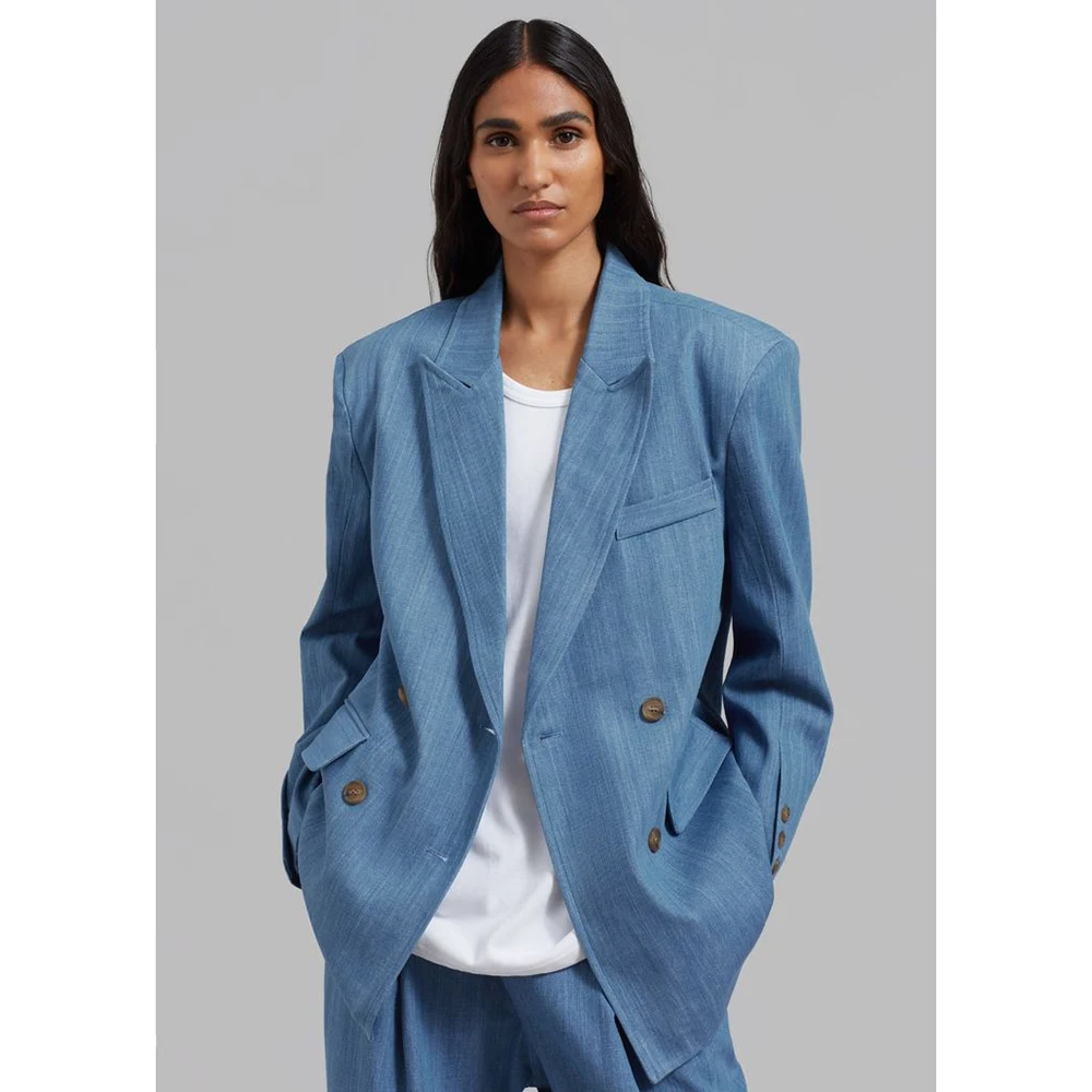 Washed Denim Blue Relaxed Neutral Women's Blazer &Wide-Leg Pants 2 Piece Set Double-Breasted Peak Lapel Office Casual Female