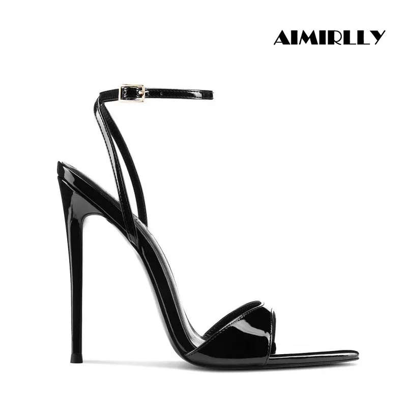 

Black Patent Leather High Heel Sandals Women Ankle Strap Stiletto Heels Open Toe Sexy Party Wedding Dress Shoes