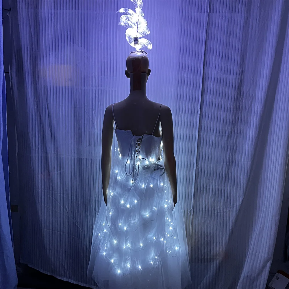 New Design White Color Led Wedding Dress, Bar DJ Ball Performance Flashing Headwear Headdress Glowing Costumes Skirt