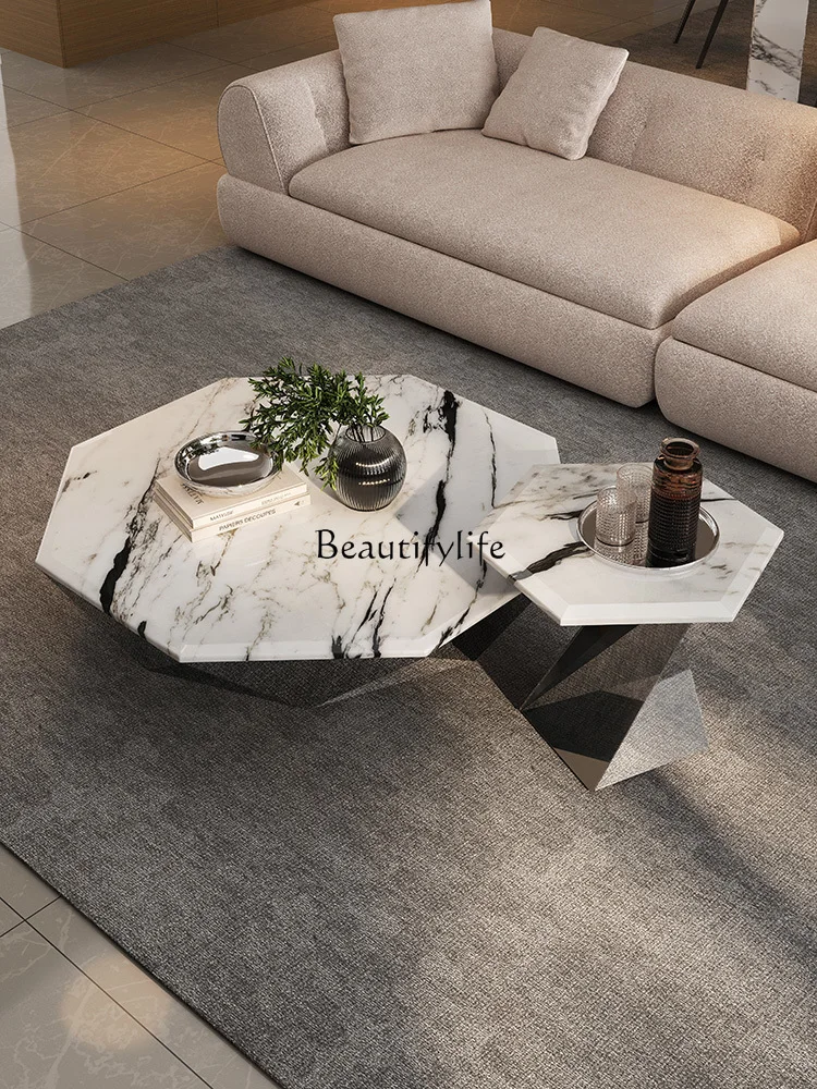 

04Luxury stone coffee table round high-end art Italian light luxury oriental fish belly white natural marble coffee table