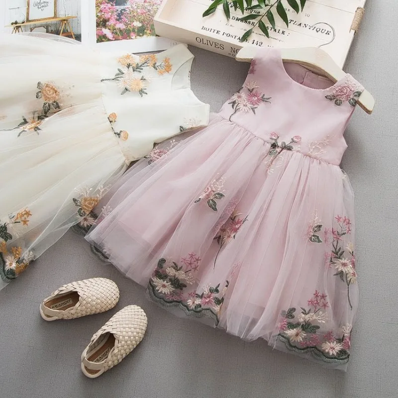 

Girl Clothes Sweet Embroidery Floral Mesh Pink Dress Cute Tulle Birthday Party Dress Girl Summer Toddler Children Dresses Summer