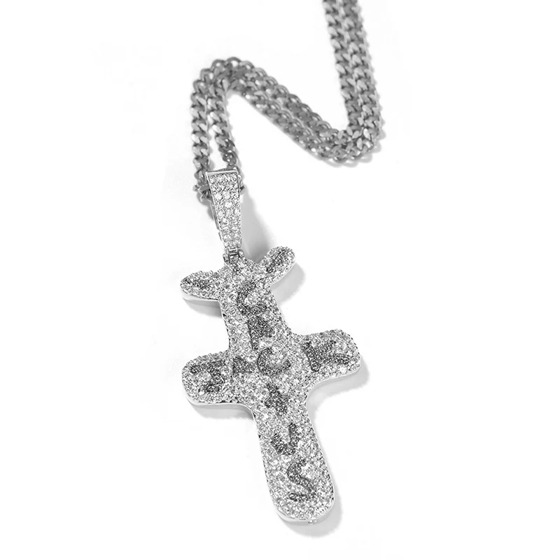 Hip Hop Bling Iced Out Cactus Jack cross pendant necklace for men rapper jewelry gold silver color