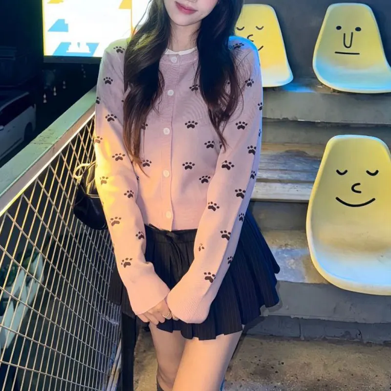 Women Cute Paw Jacquard Weave Knit Cardigan Crew Neck Button Up Cropped Sweaters Autumn Long Sleeve Daily Sweet Thin Outerwear