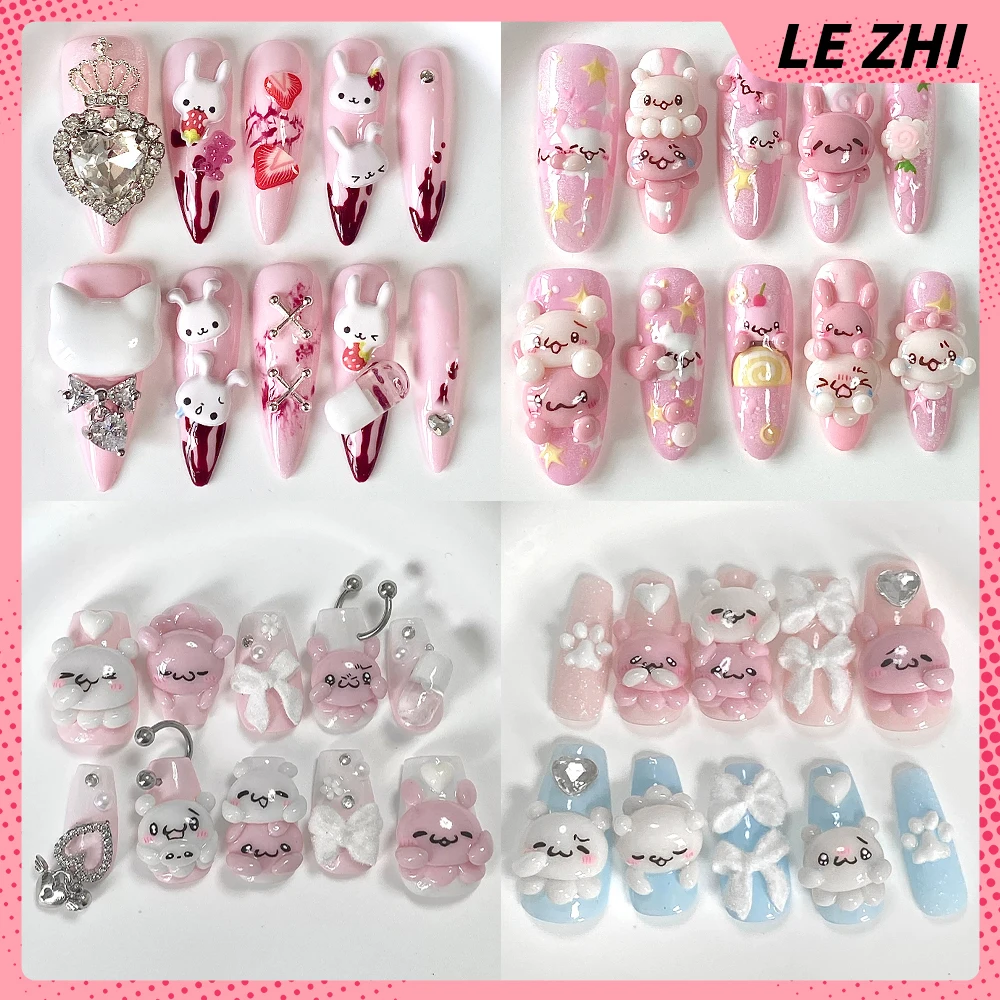 

10Pcs Kawaii 3D Cartoon Handmade Long Coffin Stilettos Press On Nails Bowknot Flowers Pearl Diamond Wings Detachable Fake Nails