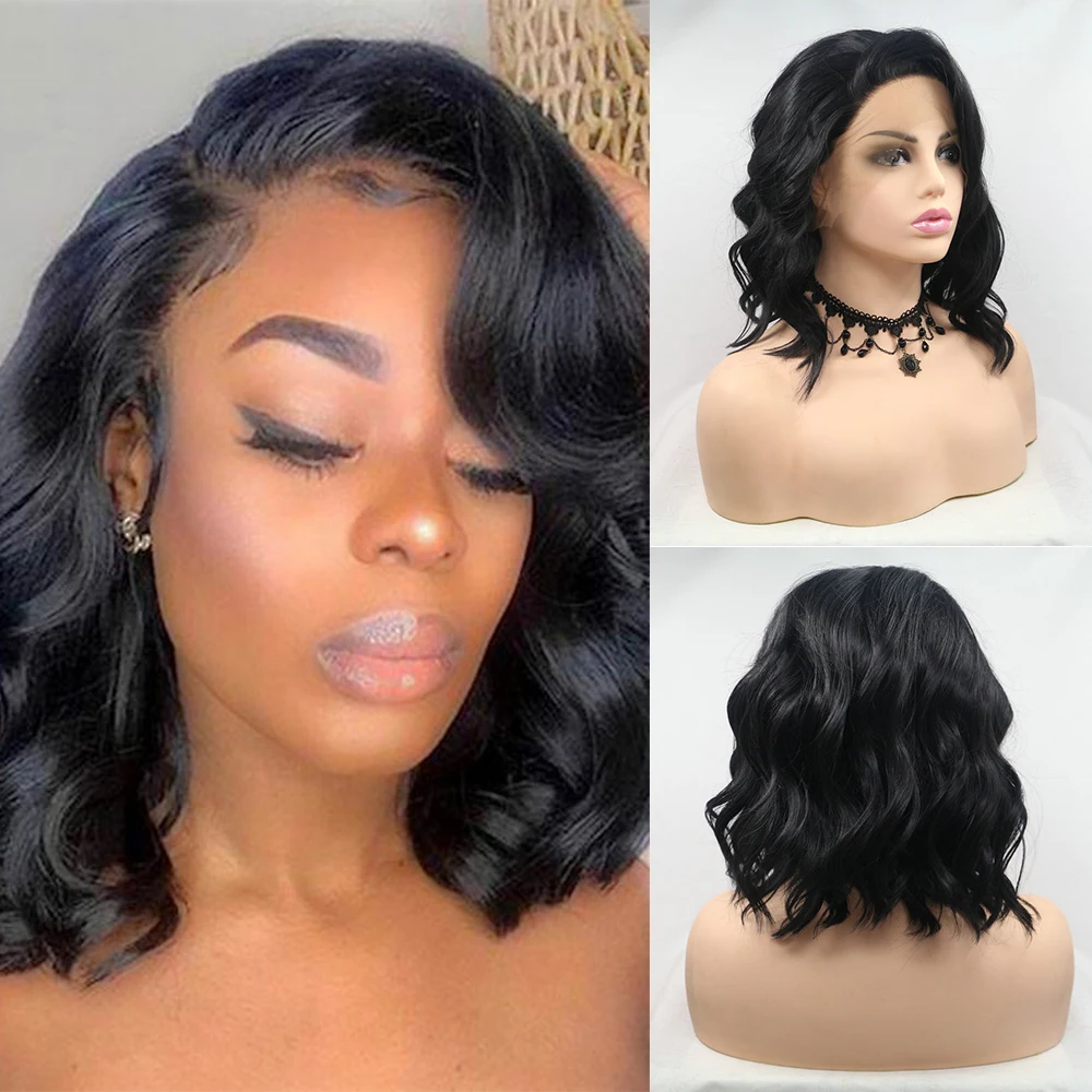 

Sylvia Short Black Bob Synthetic Lace Front Wigs for Women Free Part Wavy Hair Heat Resistant Fiber Natural Wig Daily Party Use