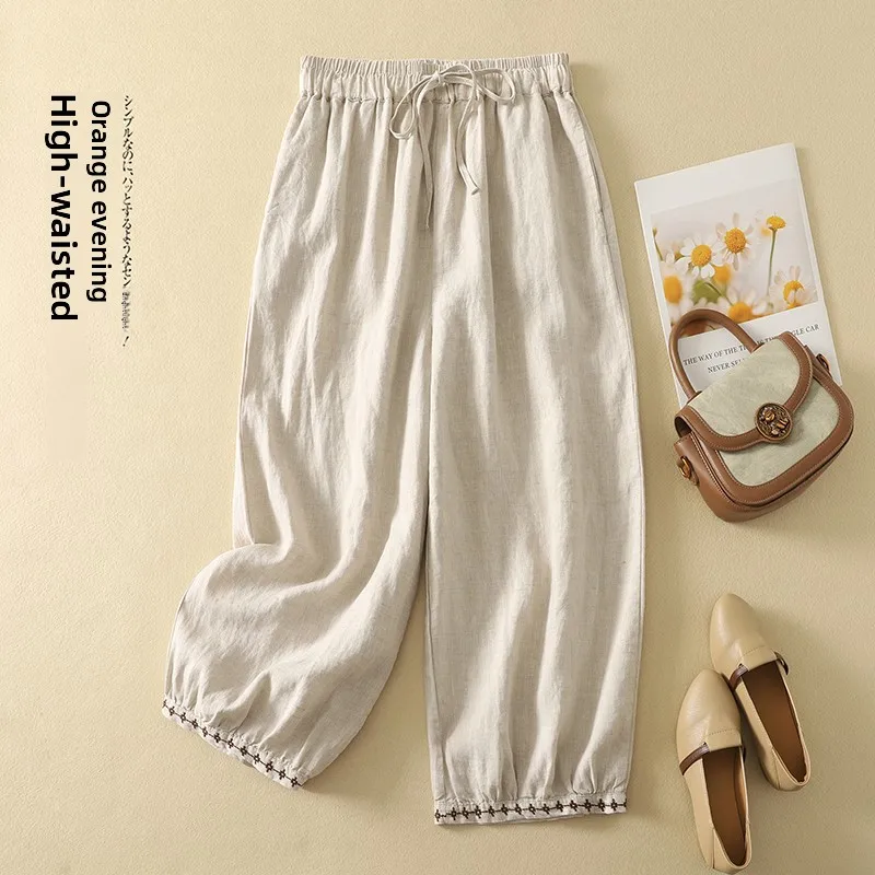 

Loose Casual Cotton Lantern Pants Women's Embroidered Elastic Waist Vintage Artistic Wide Leg Pants Summer Comfortable
