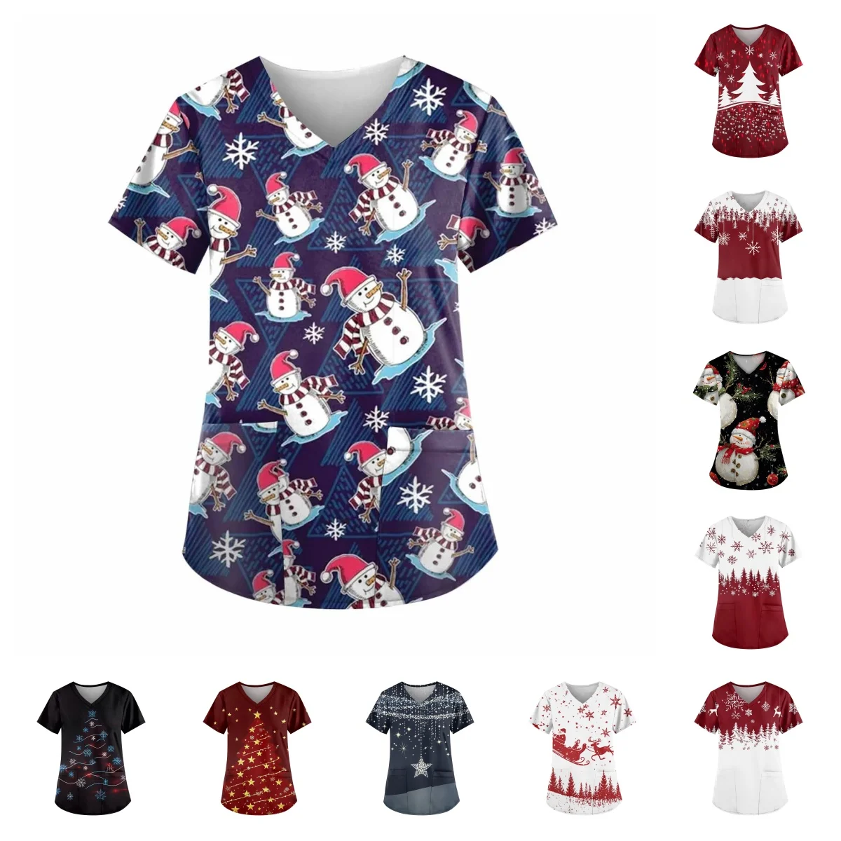 

2025 Women's Christmas Clothing Top Minimalist Christmas Print Breathable Elastic Fabric V-neck Short Sleeve with Pocket Hospita