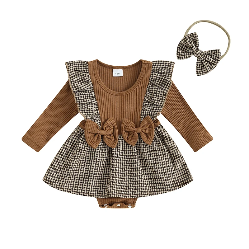 

Infant Baby Girl Fall Winter Outfits Newborn Plaid Romper Dress Ruffle Long Sleeve Ribbed Jumpsuit Headband Clothes Set