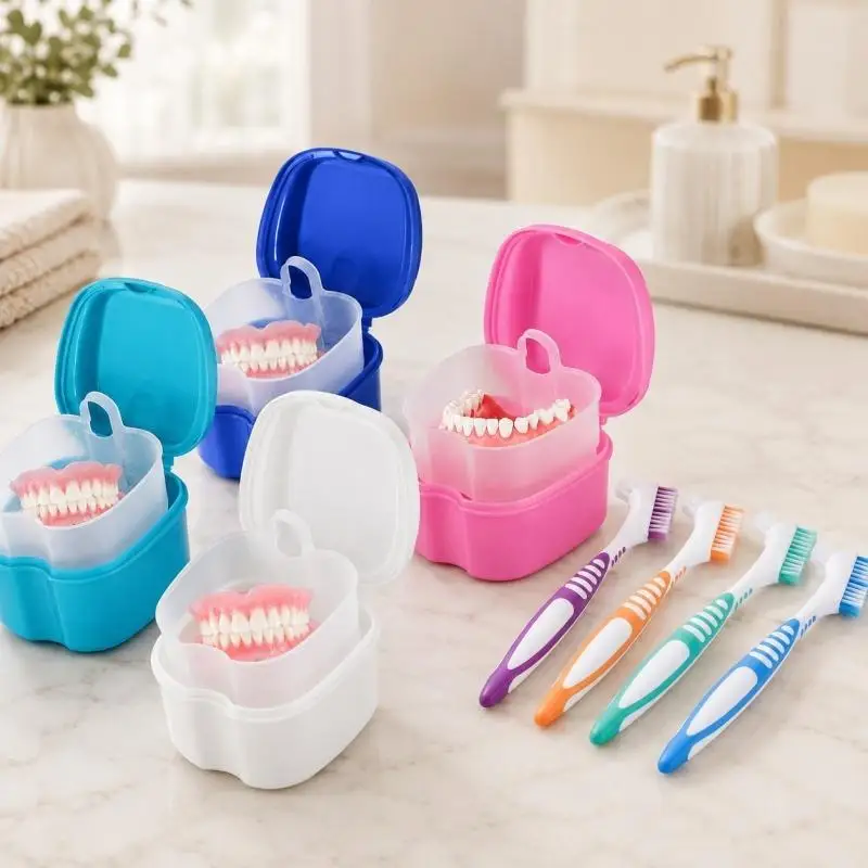 Travel Double Layer Denture Storage Box With Cleaning Brush Oral Care Container Non Slip Handle Denture Toothbrush