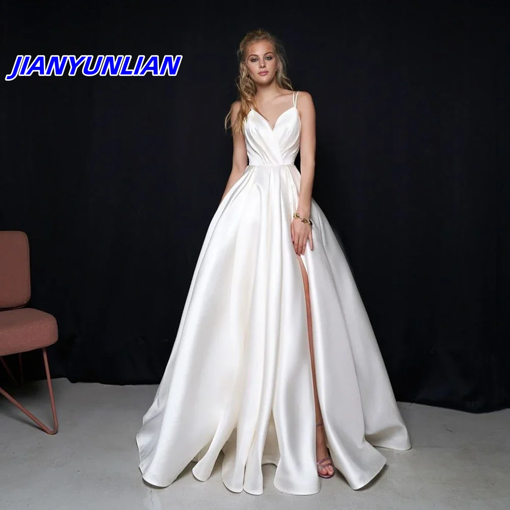 

Fashion Satin Wedding Dress Customized Sexy Spaghetti Straps Ruched Pleats A Line Simple Bridal Gowns Vestido De Noiva