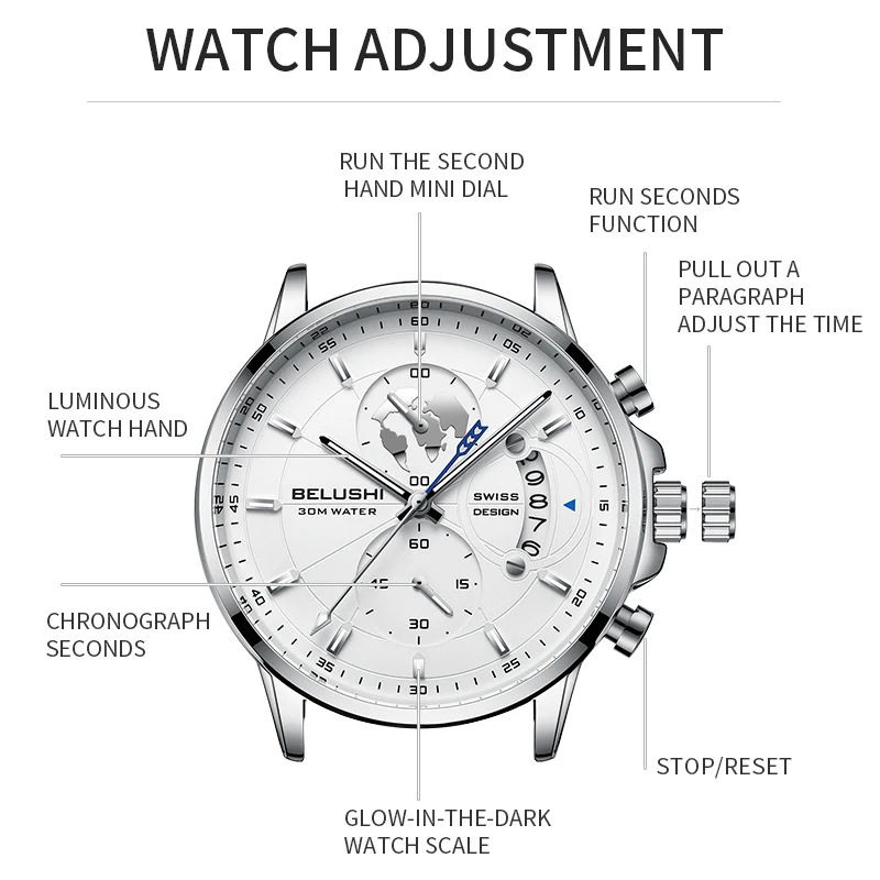 BELUSHI Fashion Men Quartz Wristwatches Waterproof Luxury Brand Luminous Stopwatch Mens Watch Casual Leather Strap Clocks 2023