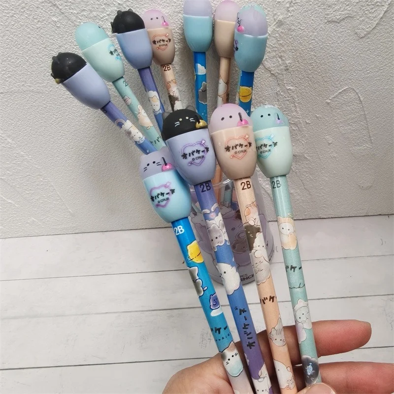 Cute Cartoon Print Wooden Pencil Sets Cute Juice Cat Doll Shaped Drawing Writing Pencils School Stationery Birthday Favor Gift