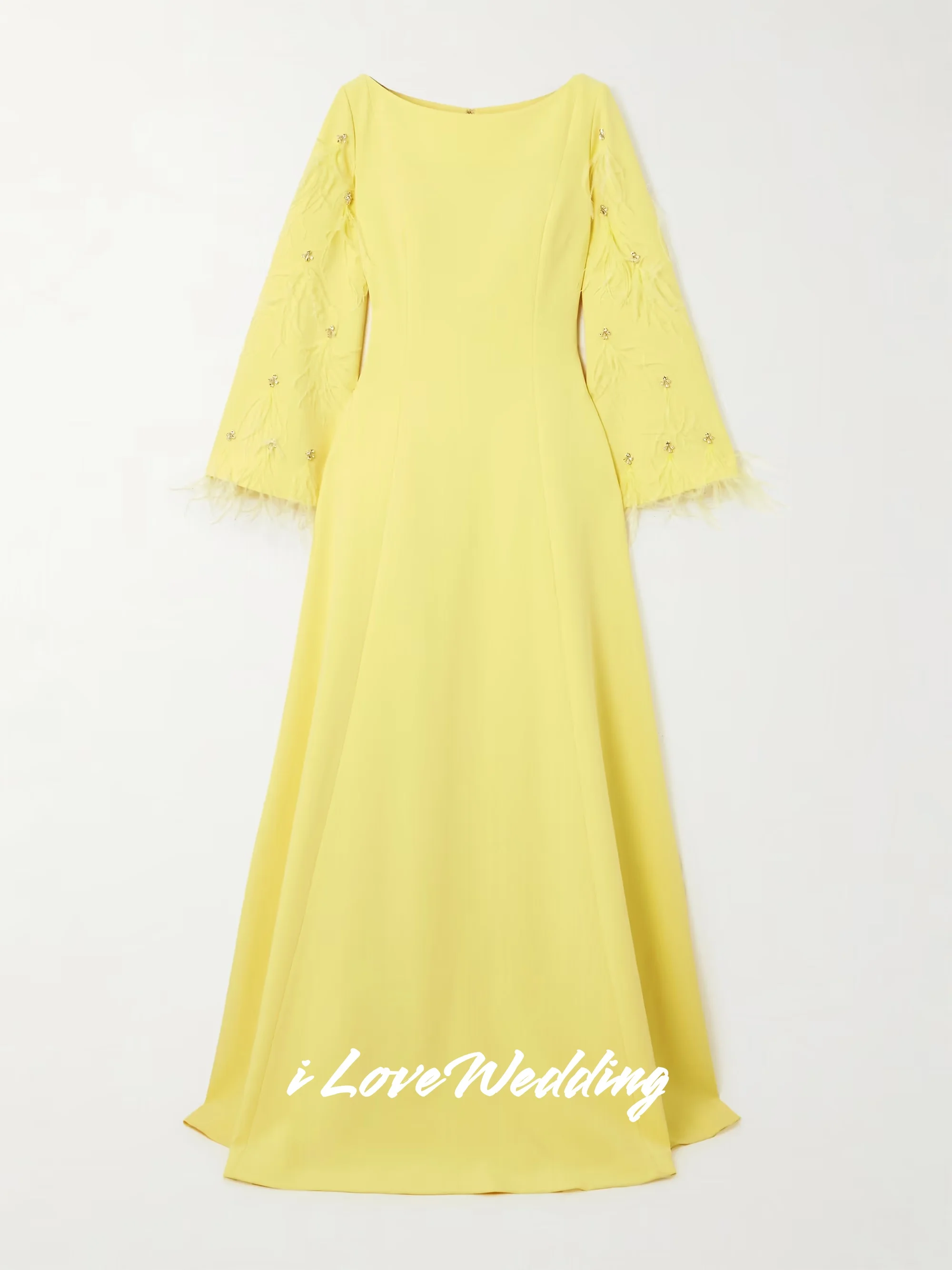 Amarelo o-pescoço vestidos de noite 2025 cetim manga longa contas de penas a linha até o chão plissado vestidos de festa de casamento personalizado