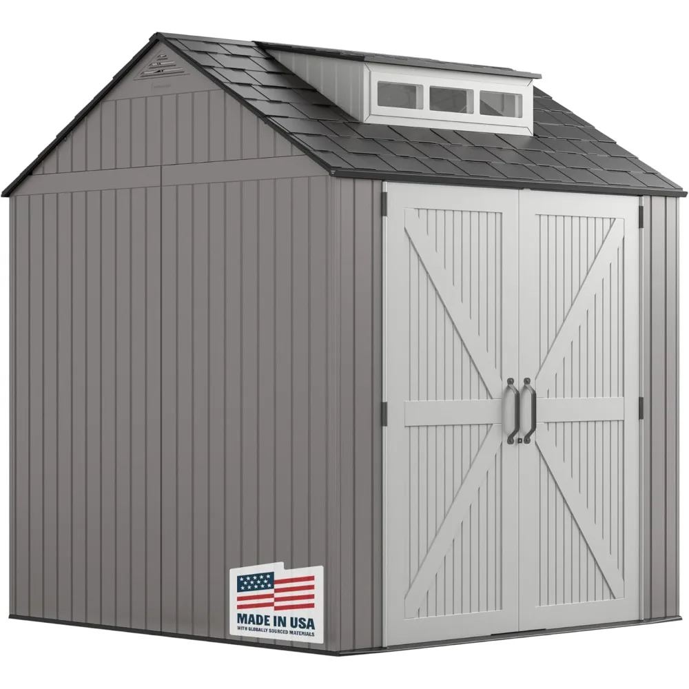 

Resin Outdoor Storage Shed With Floor (7 x 7 Ft) Weather Resistant Gray Organization for Home/Backyard/Garden Tools/Lawn Mower/