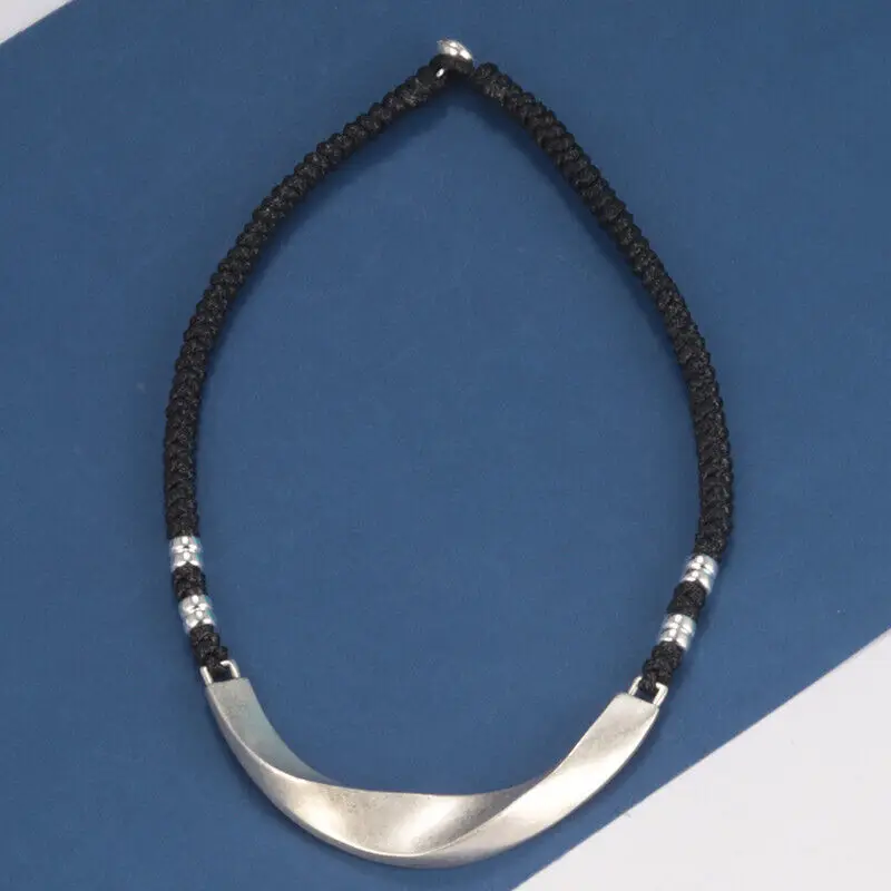 

Solid 925 Sterling Silver Moon-Shape Tube With Wax Cord Necklace 17.7inch