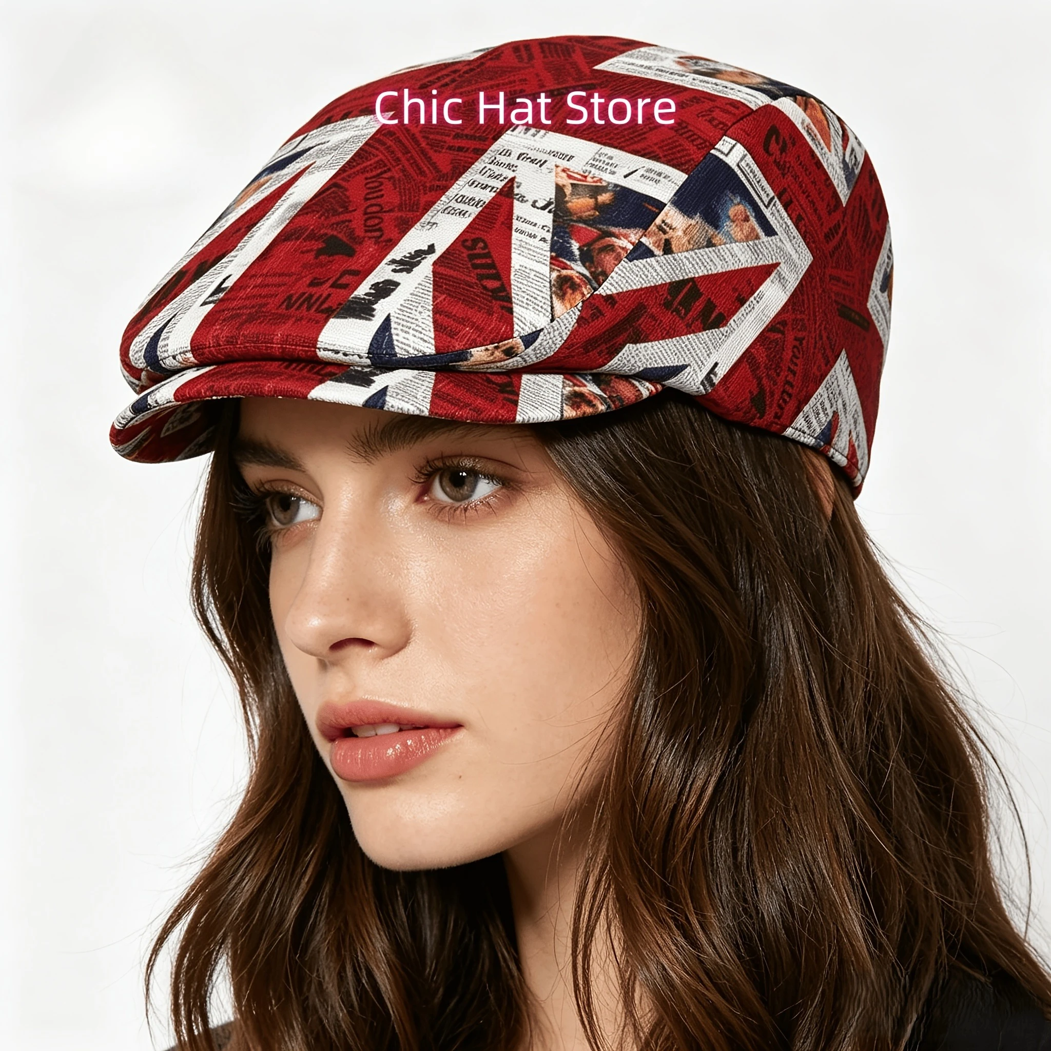 1pc Vintage UK Flag Collage with Ads All-over Print Flat-top Hats for Men and Women, Newsboy Caps, Berets, Irish Hats, Driver Ca