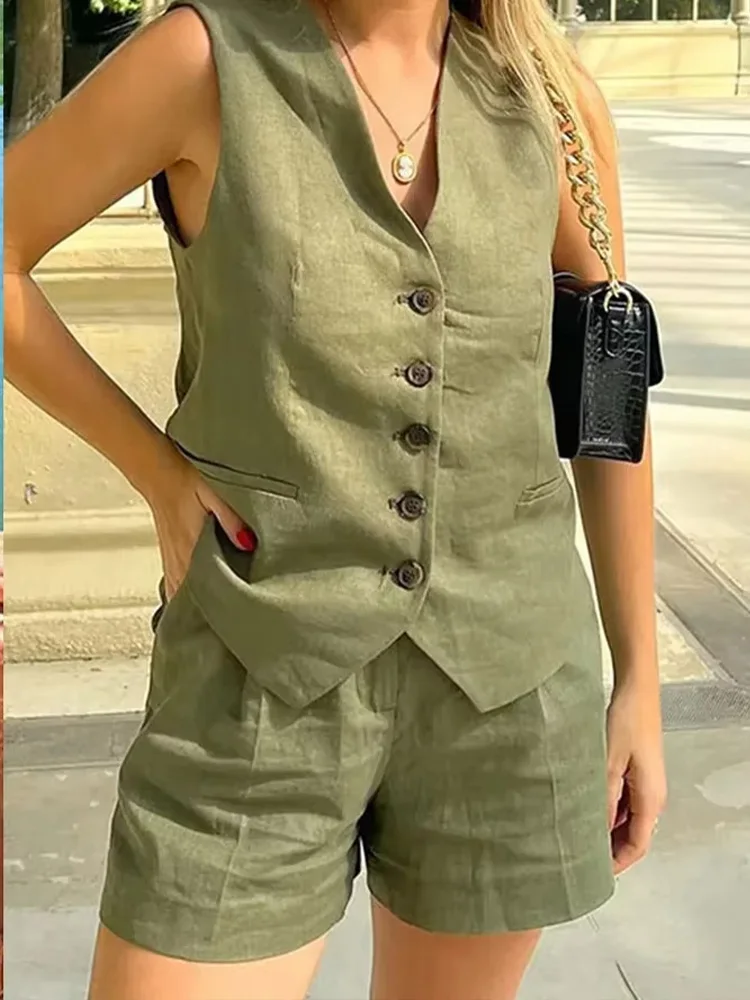 TRAF Women Elegant Solid gilet Shorts Set 2024 canotta senza maniche + pantaloncini Slim a vita alta Lady Office Casual 2 pezzi Set