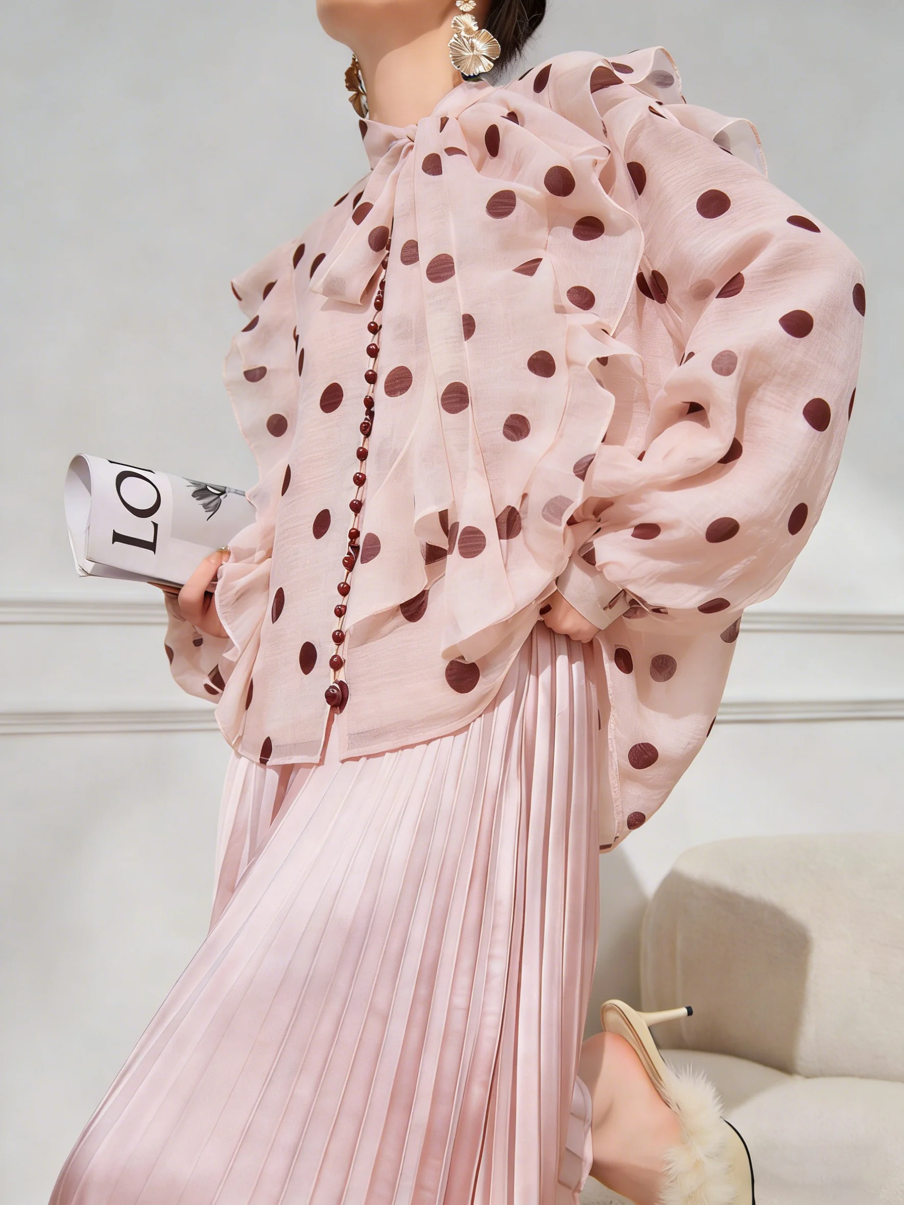 

Lulu Polka Dot Slimming Long Sleeve Shirt Women's Loose Fit Pink Versatile Casual Fashion Winter Spring Cleanfit Style