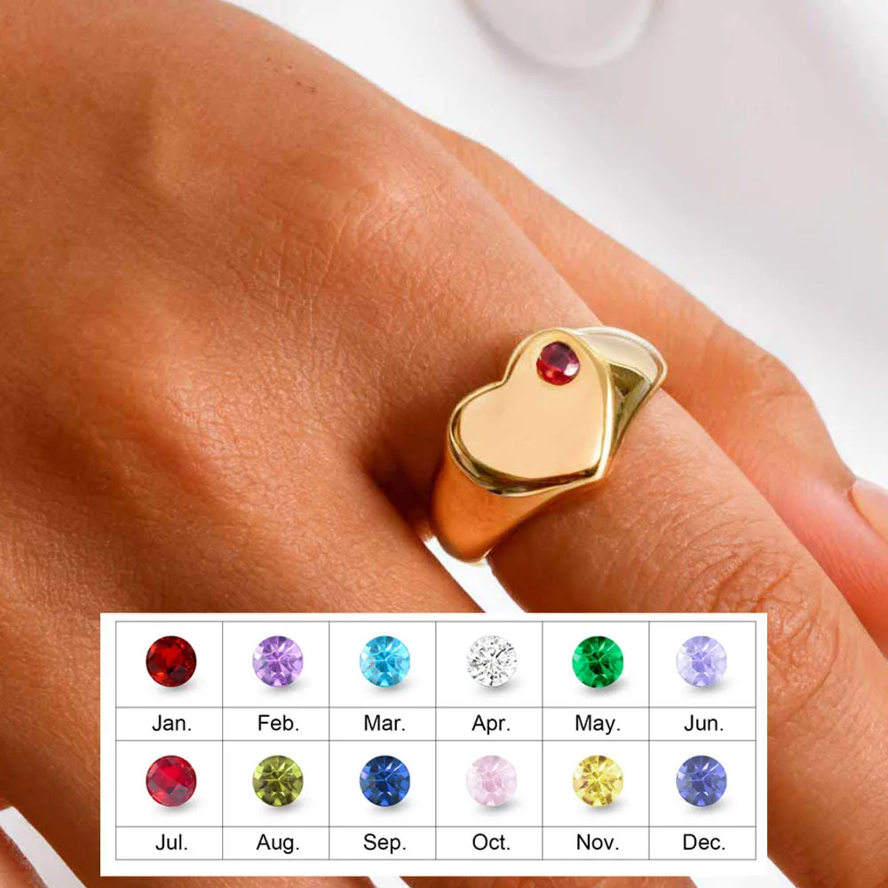 

Stainless Steel Heart Shaped Classical Plain Signet Ring for Women, Personalized Birthstone Statement Wedding Anniversary Ring