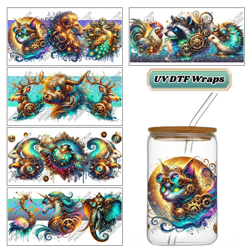 Steampunk Golden Gear Animal UV DTF Cup Wrap Stickers Waterproof No Heat Transfer for 16oz Libbey Glass Can Tumbler Decal