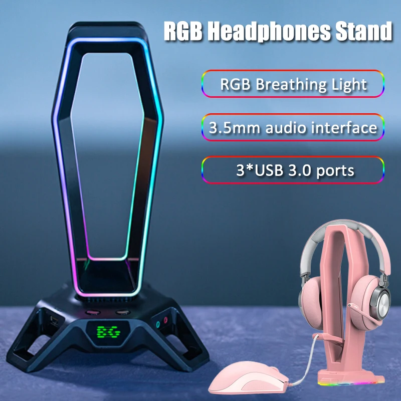 

RGB Headphones Stand Over-ear Headset Holder Desktop Gaming Earphones Display Shelf with 3 USB 3.0/3.5mm Ports/Mouse Cable Clip