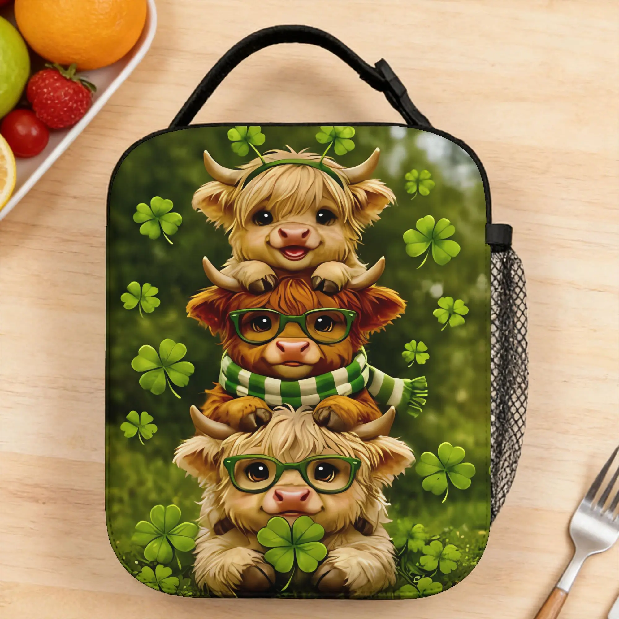 Three Highland Cows With Glasses In Clover Field Lunch Bag Fun School Lunch Box Custom Portable Zipper Cooler Bag