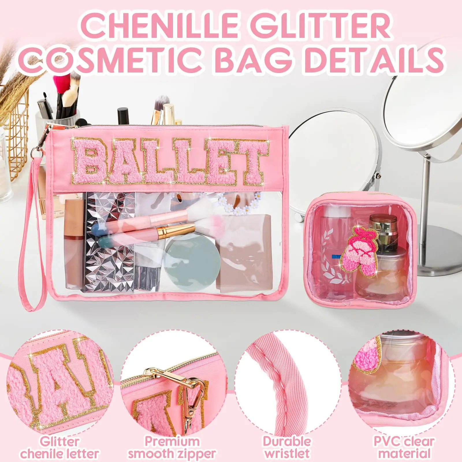 2Pcs Alphabet Makeup Bag Set, PVC Large Capacity Portable Transparent Cosmetic Bag, Travel Wash Bag, Stationery Storage Bag