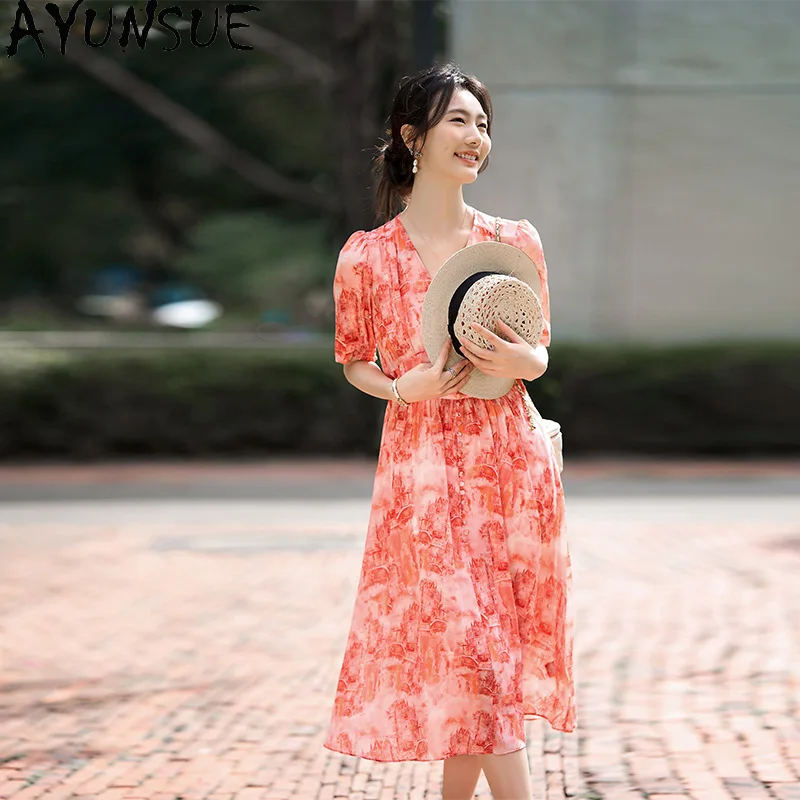 

AYUNSUE 100% Mulberry Silk Dresses Woman V-Neck Print Elegant Dress Woman Clothes High Quality Summer New in Dresses Jupe Femmes