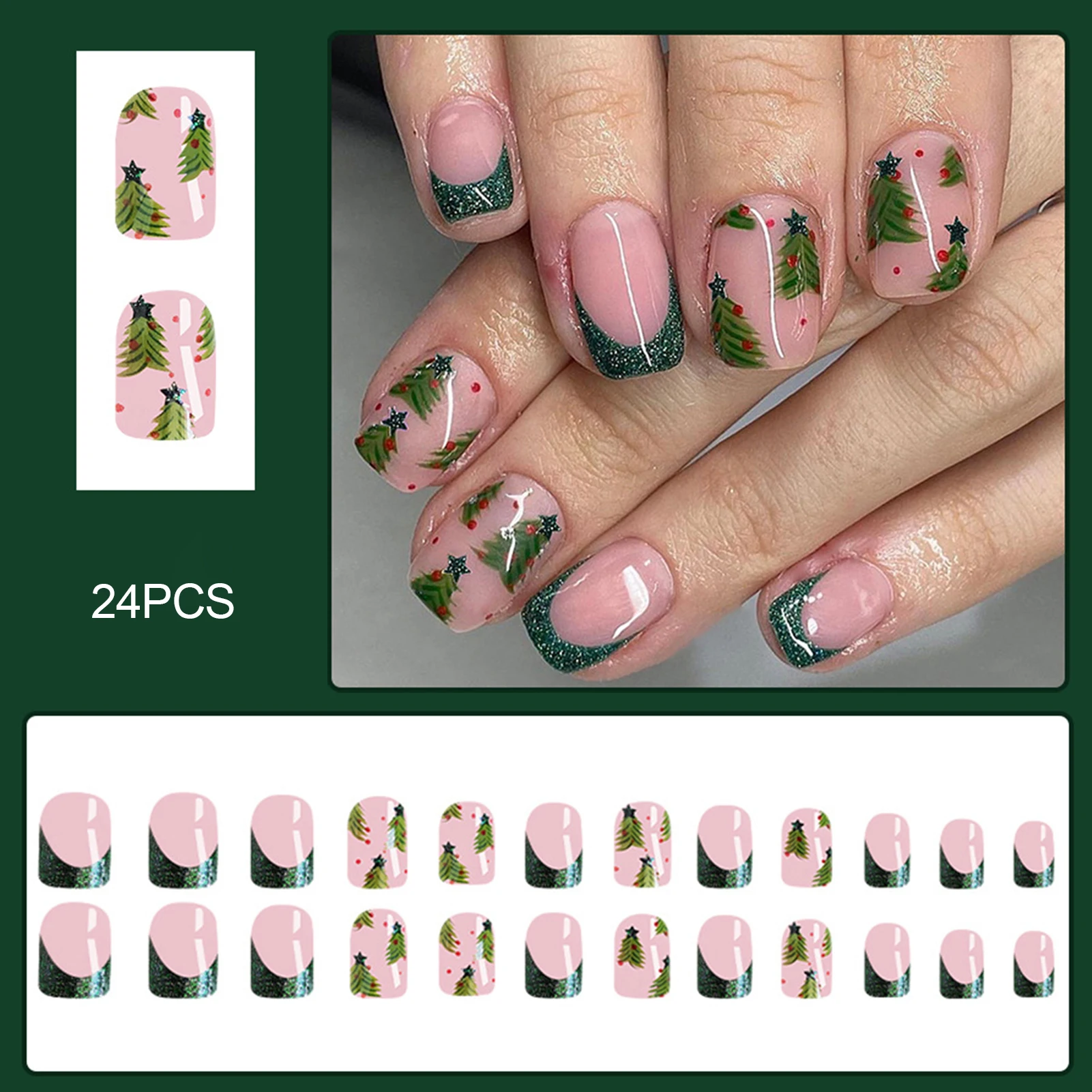 Pressione Unhas postiças com desenhos de Natal Árvore Padrão, Wearable Unhas Francesas, Glitter Pink, verde escuro, Natal Dicas de unhas falsas, 24pcs