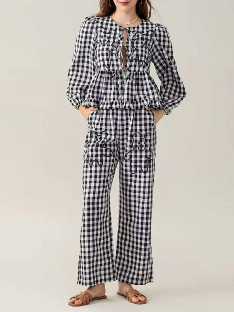 

Autumn Vintage Printing Pants Set Women Long Sleeve Lace Up Top High Waist Loose Straight Trousers Two Piece Set Fashion Outfits