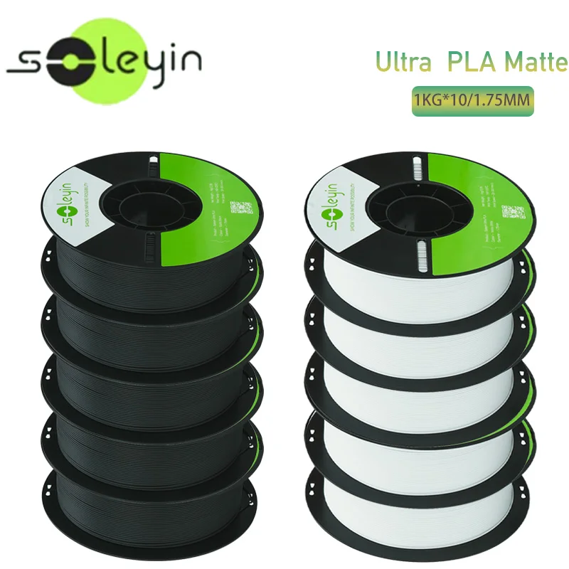 Soleyin 10KG Mattes PLA-Filament 1,75mm Hochgeschwindigkeit 300mm/s ±0,02mm 1kg Spule 10 Rollen Großpackung 3D-Drucker Material FDM Umweltfreundlich