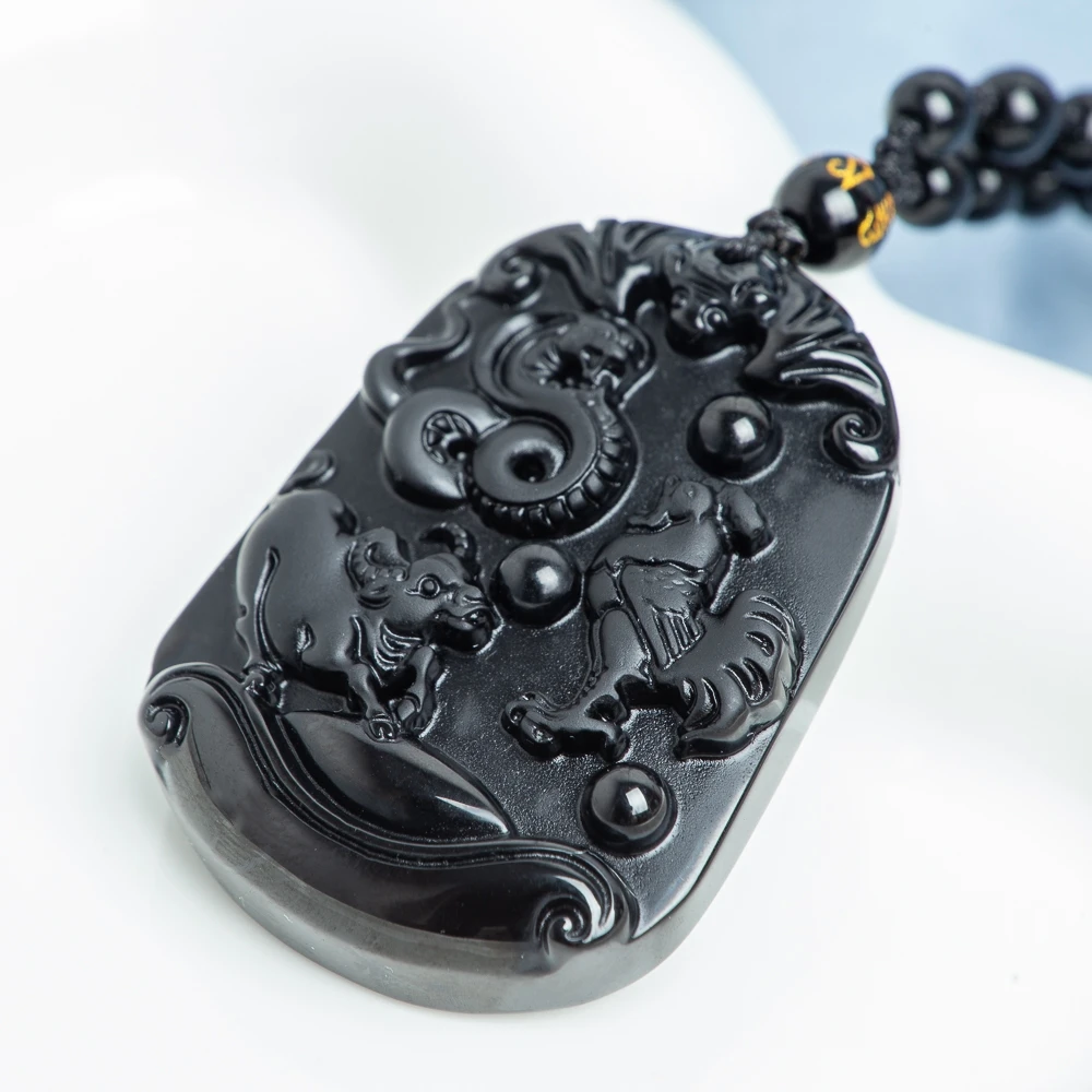 TIMESWIND Natural Obsidian Black Zodiac Snake Rooster Ox Guardian Pendant Men Bead Necklace with Certificate - Image 6