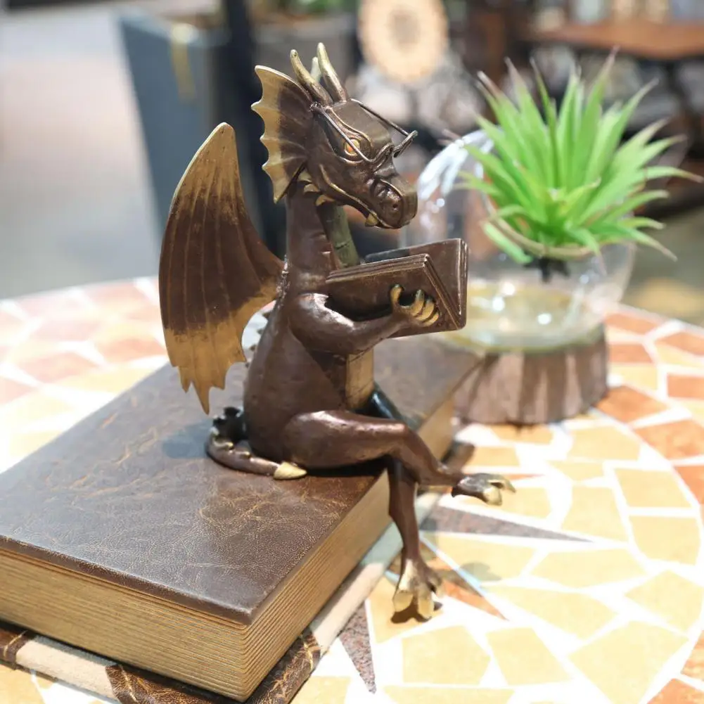 19.8*10cm Resin Dragon Figurine Vintage Style Reading Book Dragon Western Flying Statue Sculpture Model Ornament Home Room Decor