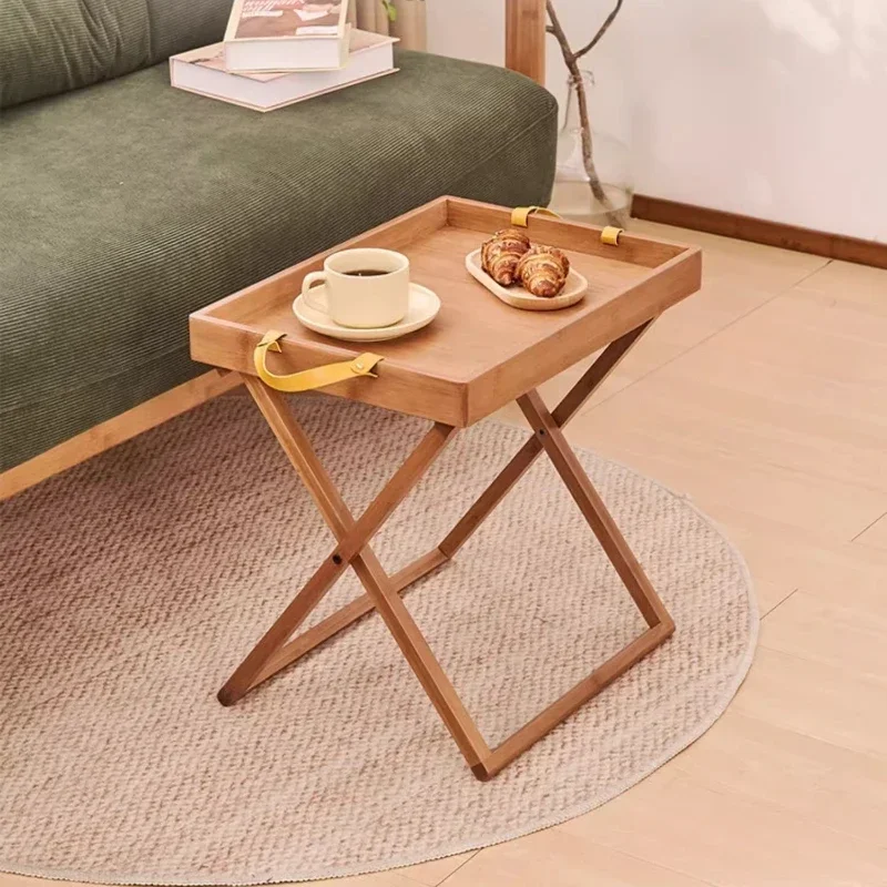 Minimalist Modern Bamboo Tray Side Table Balcony Sofa Multifunctional Foldable Mobile Coffee Table Portable Bedside Storage Rack