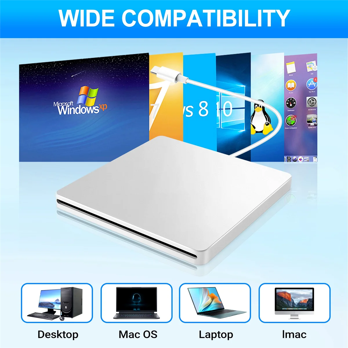 New USB External CD/DVD Drive Type C Portable Drive-Free CD Movies Players for Laptop PC Windows Mac,Silver