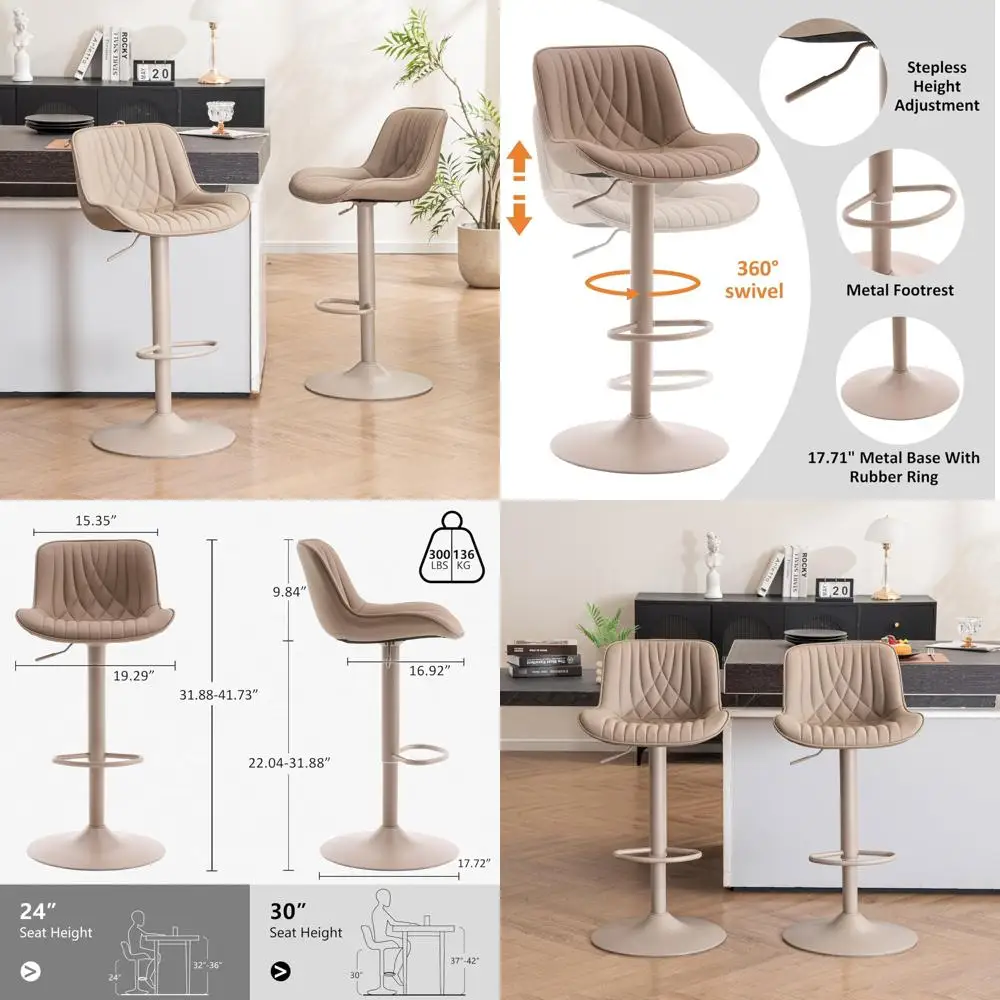 

Pair of Adjustable Swivel Counter Height Bar Stools with Backrest, Khaki Faux Leather Upholstery