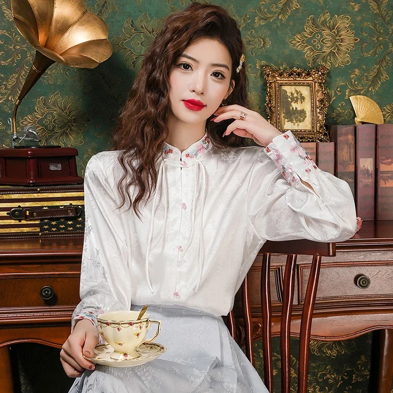 New Long Sleeve Stand Collar Women Shirt Embroidery Shirt Blouse Women Tops Blouses Shirts Blusas Para Mujer Camisas Blusa H503