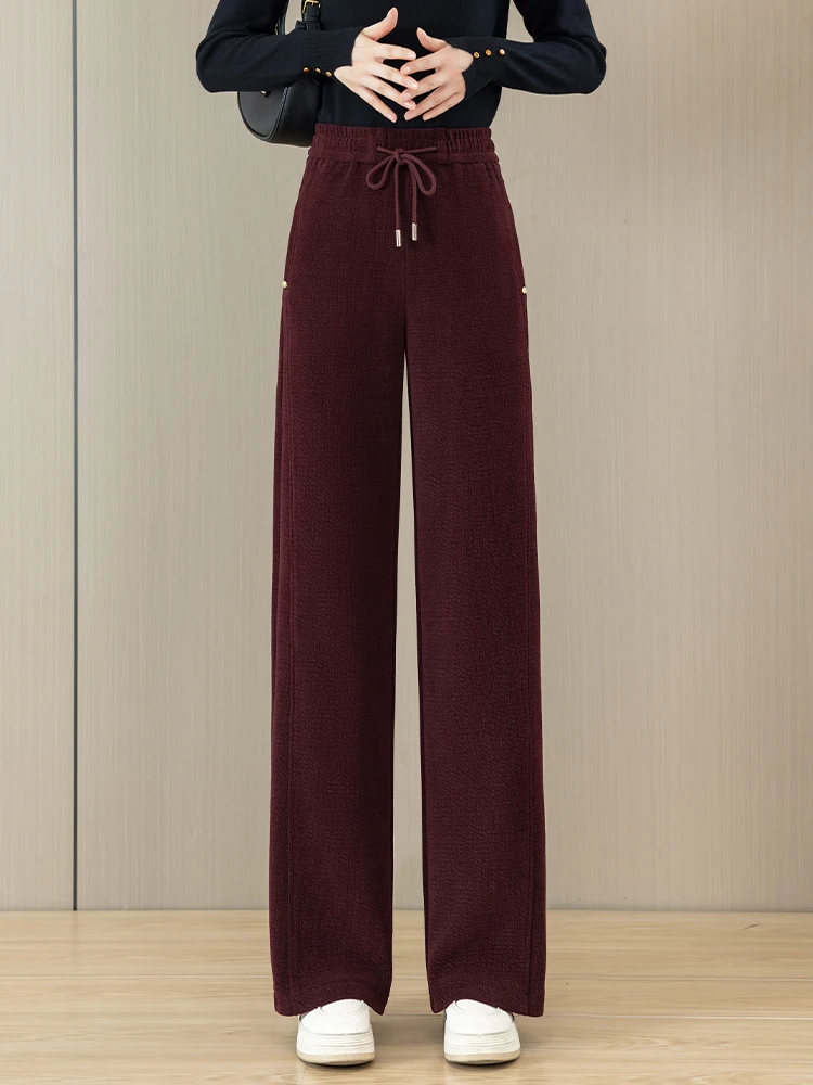 

High Waist Fleece Lined Casual Wide Leg Pants Slim Fit Red Color Women's Autumn Winter New Style Elastic Waist Straight Cut T...