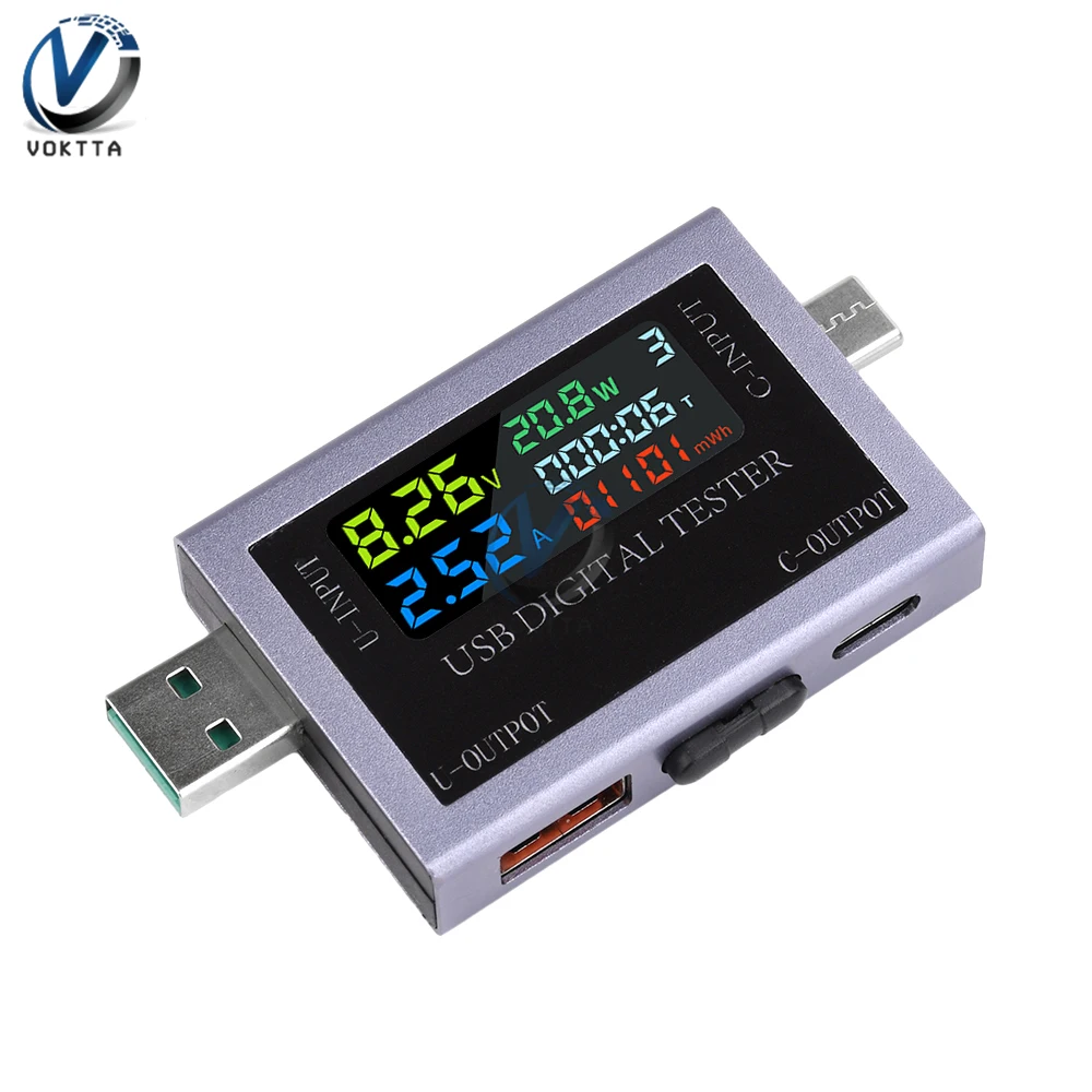 DC 4.5-50V 0-8A USB Type-C Tester Multi-function Digital Display Voltage Ammeter Power Meter DC Power Bank Charging Indicator