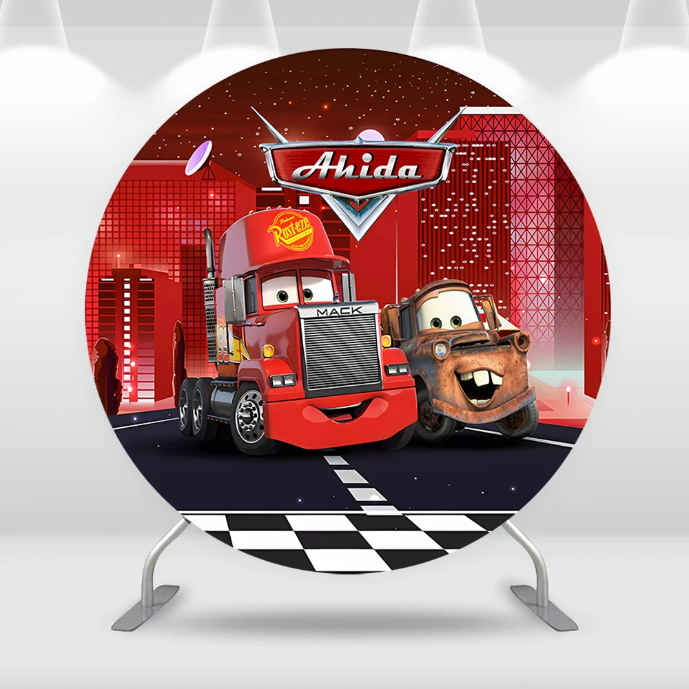 Круглый фон с изображением машинки Диснея, персонализированная гоночная тема McQueen, детский круг для мальчиков, день рождения, фон для детского душа, стена
