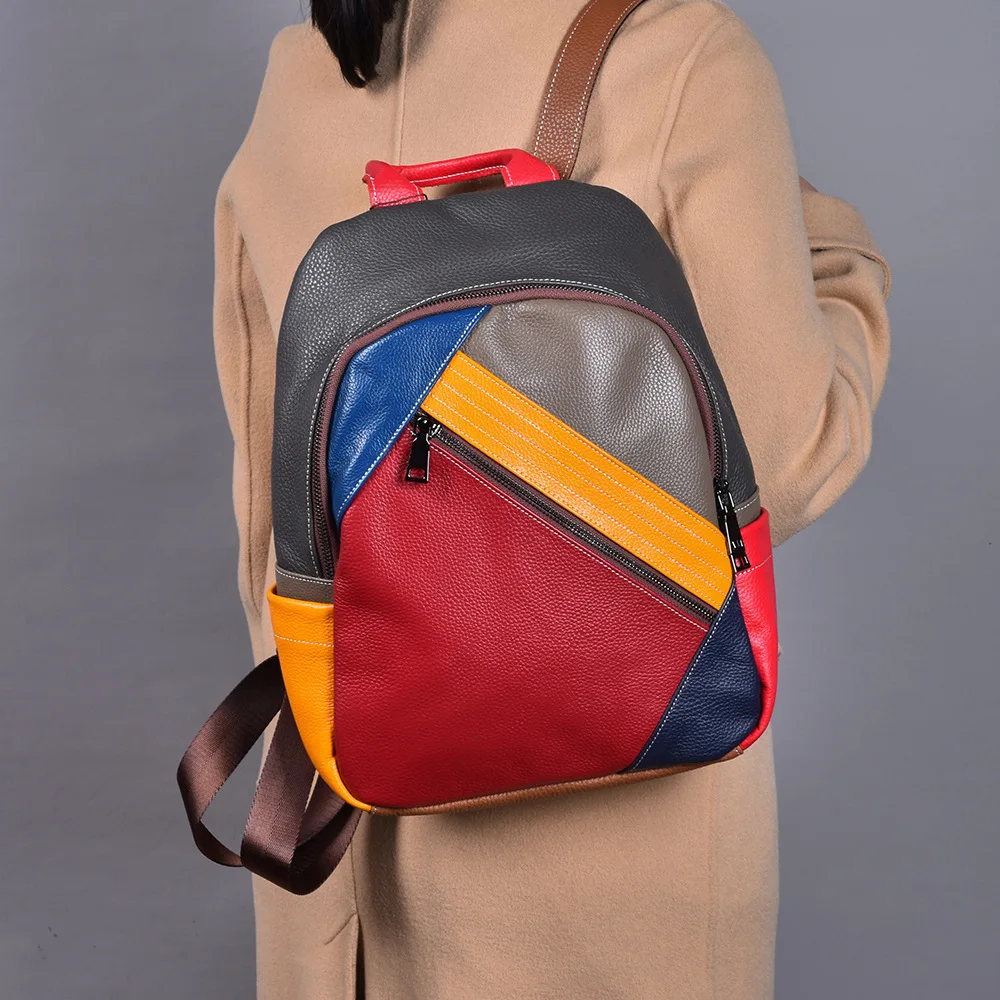 

Винтажный цветной рюкзак из натуральной кожи, новый стиль, двухцветная сумка из натуральной кожи, женские повседневные модные сумки с цветными блоками