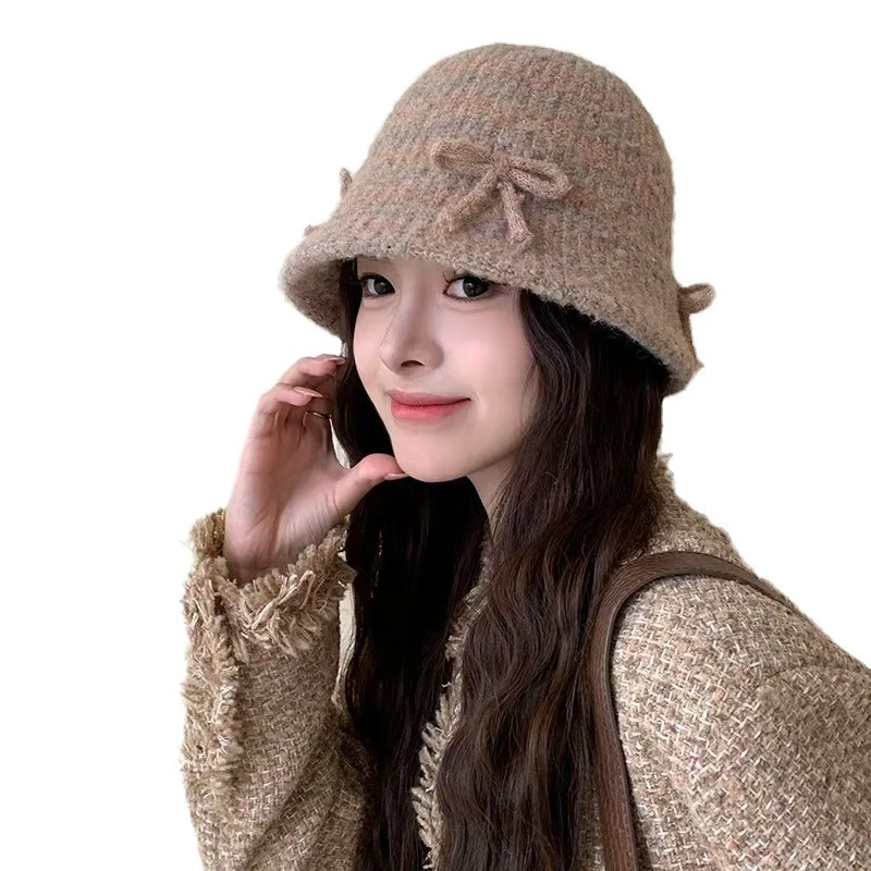 High Sense Korean Bow Knitted Bucket Hat Female Internet Celebrity Fashion Age Reduction Bucket Hat  Versatile Thermal Hat