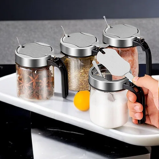 

300/350ml Spices Glass Seasoning Jar Seasoning box with Spoon Seasoning Salt Jar Lid for Kitchen Supplies Storage Spice Boxes