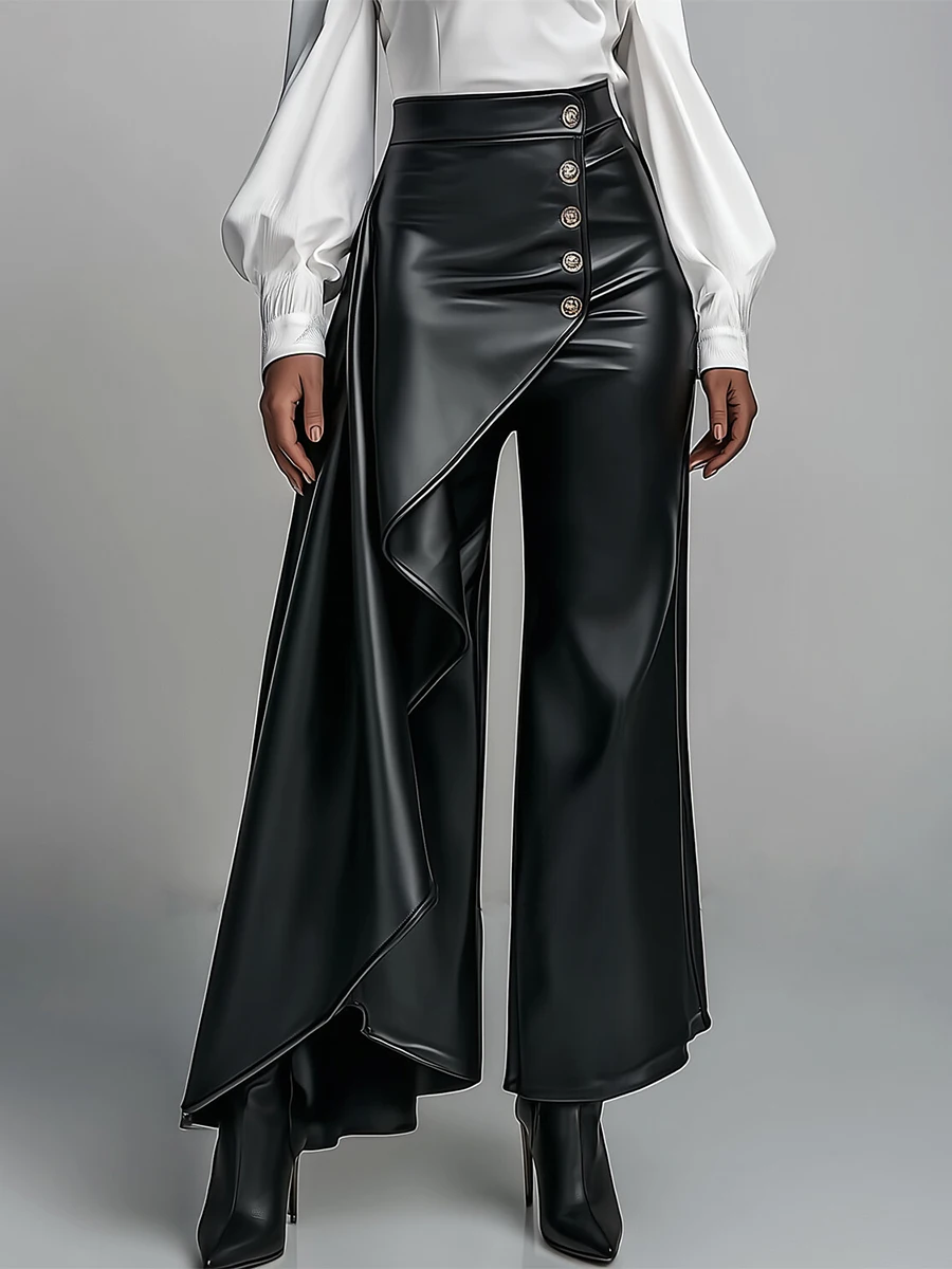 Yeezzi Women's Black Faux Leather Asymmetrical Ruffle Wide-Leg Pants High Waist Buttoned Fashion Party Office Trousers 2026 New