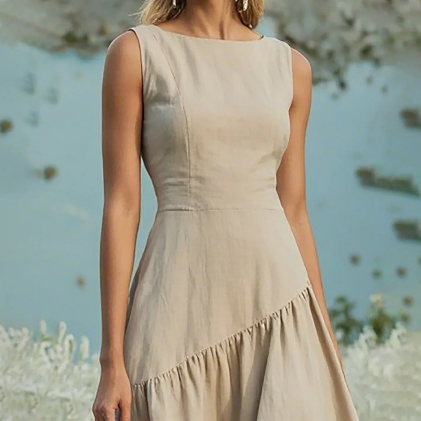 2025 nova moda plissado sem cintura vestido sem mangas para mulheres verão casual cor sólida vestidos irregulares para mulher