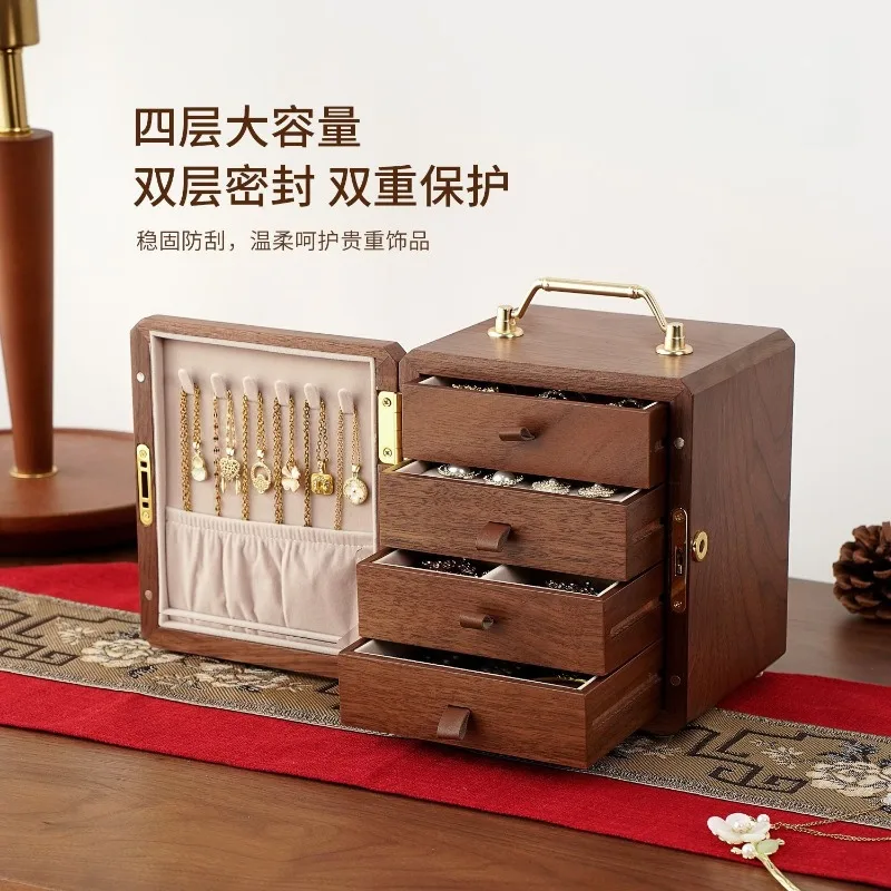 Portable mirror flower single open with lock jewelry box, new Chinese retro four-layer wooden storage box, Chinese style