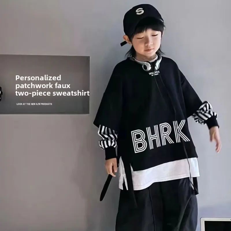2025 Boys' Spring and Autumn New Fake Two Piece Sweater Children's Long Sleeve Cool Loose Casual Stripe Sleeve Splice Top