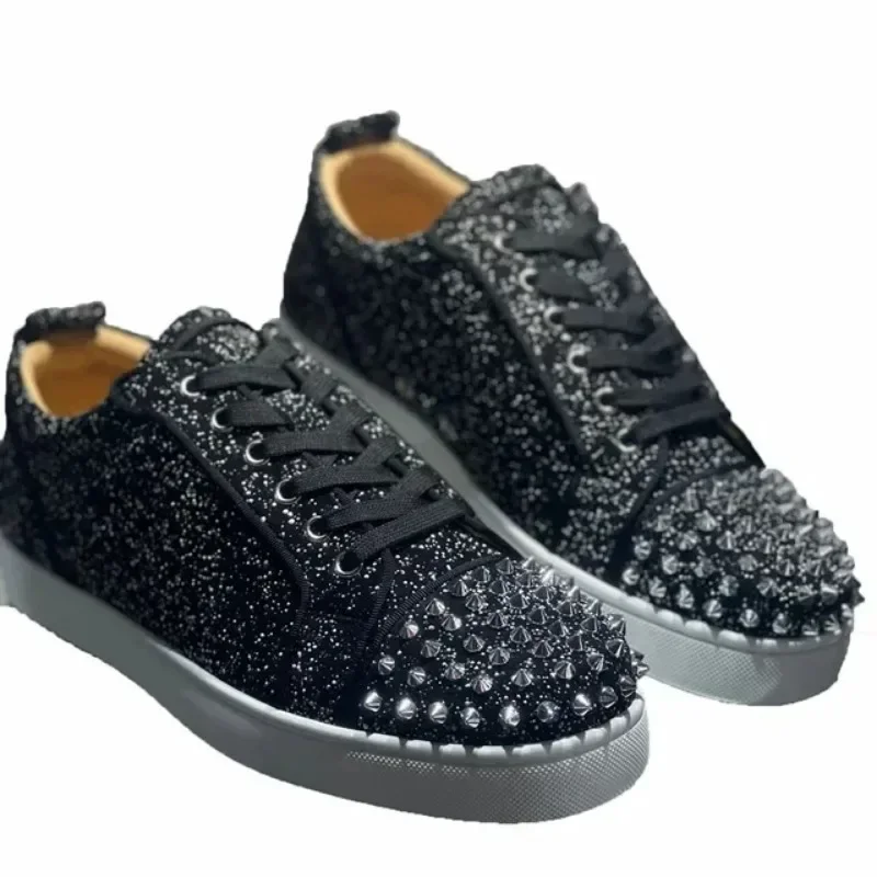 Low Top Women Red Bottom Shoes For Men Luxury Trainers Driving Spiked Bar Silver Rivets Black Glitter Genuine Leather White Sole