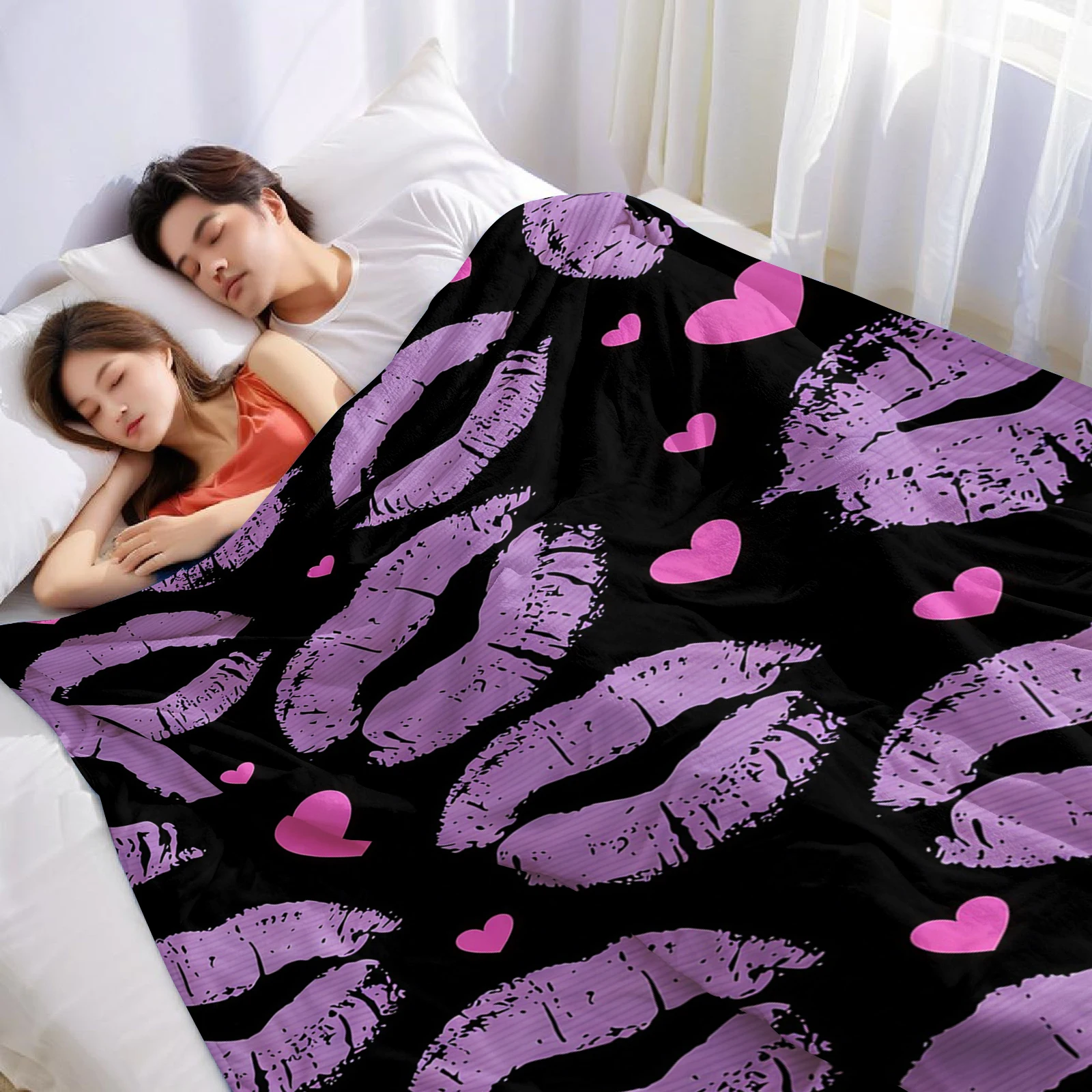 Purple Lip Print Heart Ultra Soft Sherpa Fleece Blanket Fluffy Warm Thick Throw for Sofa Bedroom Couch Holiday Home Decor Gift