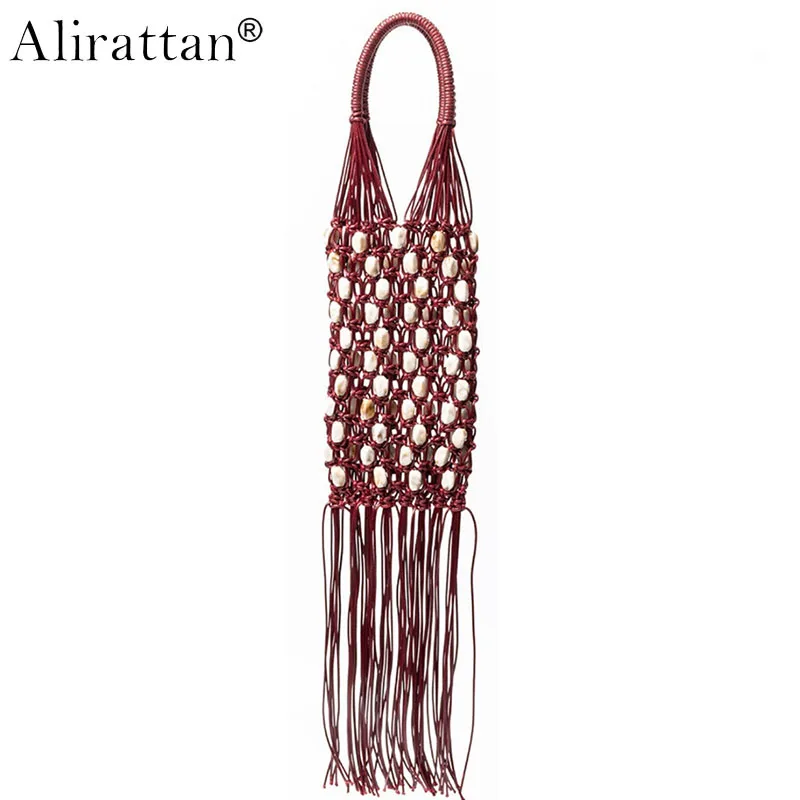 New Trendy Rope Beaded Handbag For Women,Casual Travel Hollow Out Bead Vacation Bag Retro Bohemian Design Hand Woven Tassel Bag